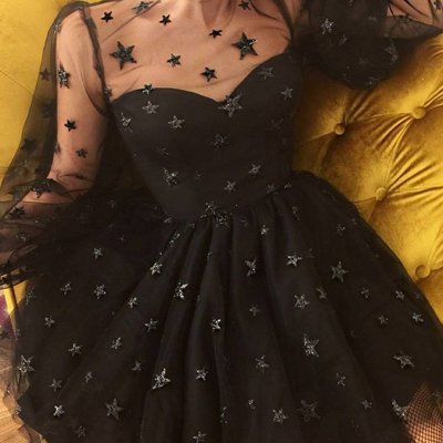Sp1603,lace long sleeves starry night tulle little black dresses,starry prom party dresses