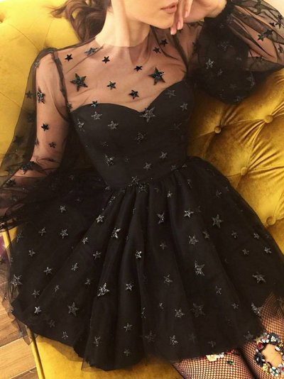 SP1603,Lace Long Sleeves Starry Night Tulle Little Black Dresses,Starry Prom Party Dresses