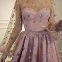 SP1603,Lace Long Sleeves Starry Night Tulle Little Black Dresses,Starry Prom Party Dresses - Thumbnail 3