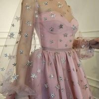 SP1603,Lace Long Sleeves Starry Night Tulle Little Black Dresses,Starry Prom Party Dresses - Thumbnail 4