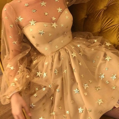 Sp1604,champagne starry homecoming dresses,long sleeves mini graduation dress