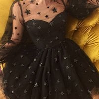 SP1604,Champagne Starry Homecoming Dresses,Long Sleeves Mini Graduation Dress - Thumbnail 5