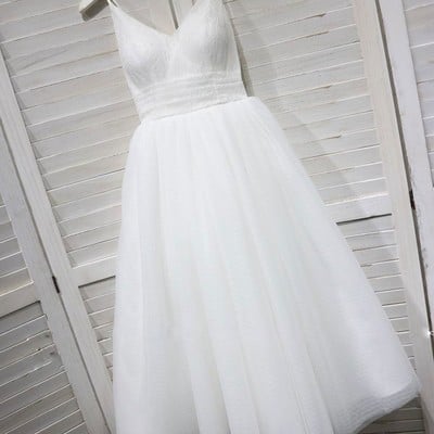 Sp1606,simple white tulle and lace tea length wedding dress, lovely beach bridal dress
