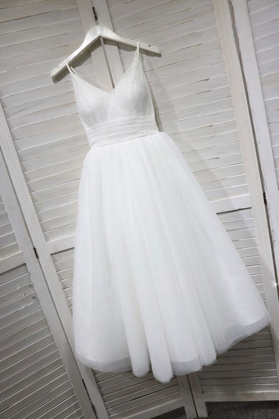SP1606,Simple White Tulle And Lace Tea Length Wedding Dress, Lovely Beach Bridal Dress