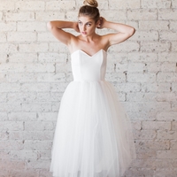 SP1607,White Sweetheart Tea Length Wedding Dresses,Tulle Sleeveless Wedding Gown - Thumbnail 1