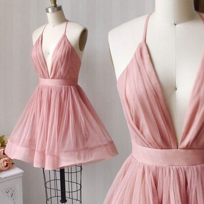 Sp1609,a line v neck short pink tulle prom dresses, short pink tulle formal homecoming dresses