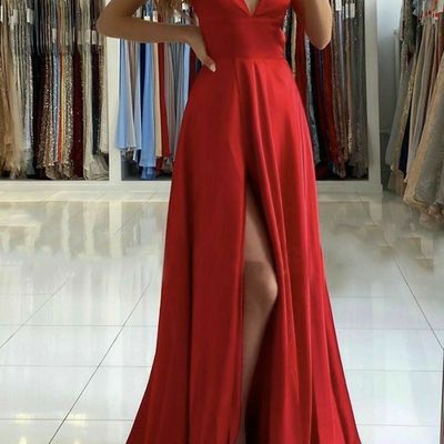 Sp1613,simple red v neck satin long prom dress red evening dress