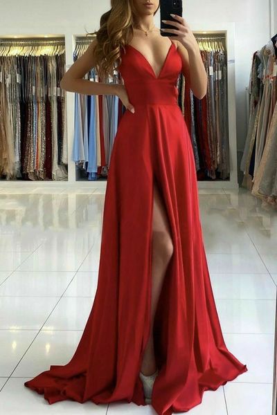 SP1613,Simple red v neck satin long prom dress red evening dress