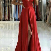 SP1613,Simple red v neck satin long prom dress red evening dress - Thumbnail 1