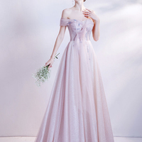 Pink tulle long A line prom dress pink evening dress - Thumbnail 1