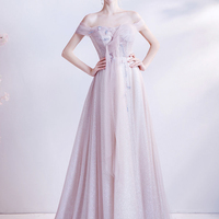 Pink tulle long A line prom dress pink evening dress - Thumbnail 3