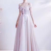 Pink tulle long A line prom dress pink evening dress - Thumbnail 5