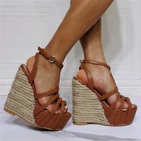 Straw wedge sexy high heel sandals S-500 - Thumbnail 2