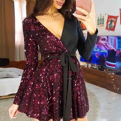 V-neck long sleeve sequin stitching dress - Thumbnail 2