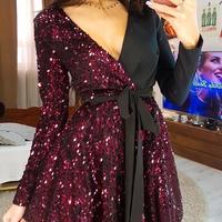 V-Neck Long Sleeve Sequin Stitching Dress - Thumbnail 1