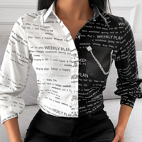Slim Chiffon Printed Letter Long Sleeve Shirt Top - Thumbnail 1