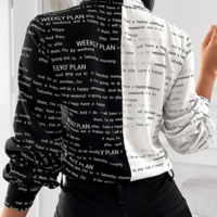 Slim Chiffon Printed Letter Long Sleeve Shirt Top - Thumbnail 3