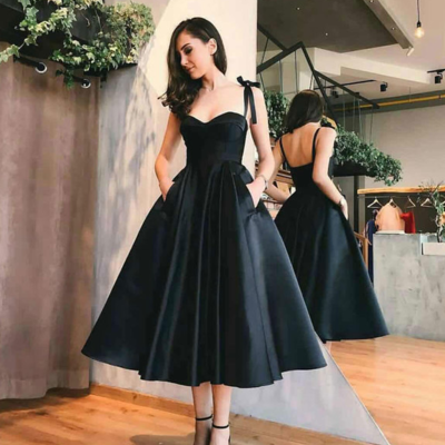 Amazing cute black satin short prom dress - Thumbnail 5