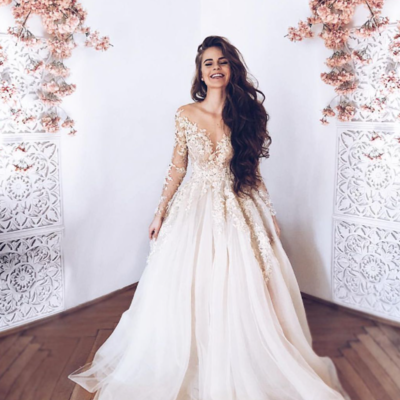 A line lace tulle long prom dress, long sleeve evening dress - Thumbnail 4