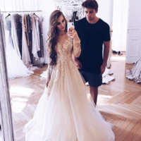 A Line lace tulle long prom dress, long sleeve evening dress - Thumbnail 1