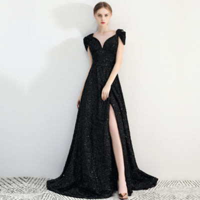 Sexy black sequins long prom dress, black evening dress - Thumbnail 4