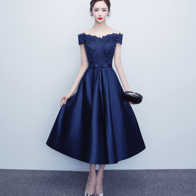 Dark blue satin short prom dress with lace  - Thumbnail 3