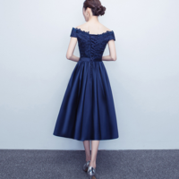 Dark blue satin short prom dress with lace  - Thumbnail 2