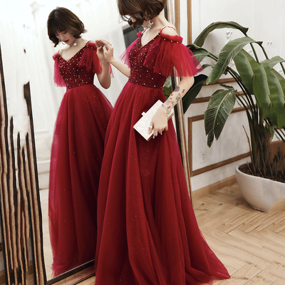 Burgundy tulle beads long a line prom dress evening dress - Thumbnail 2