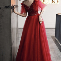 Burgundy tulle beads long A line prom dress evening dress - Thumbnail 2