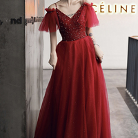 Burgundy tulle beads long A line prom dress evening dress - Thumbnail 3