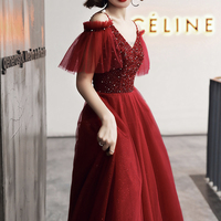 Burgundy tulle beads long A line prom dress evening dress - Thumbnail 4