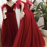 Burgundy tulle beads long A line prom dress evening dress - Thumbnail 5