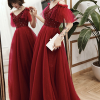 Burgundy tulle beads long A line prom dress evening dress - Thumbnail 7