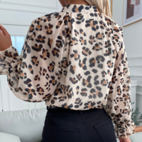 Women Leopard Print Chiffon Long Sleeve Top - Thumbnail 3