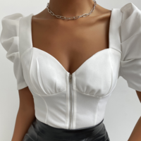 Solid Color Zipper Puff Sleeve Shirt - Thumbnail 2