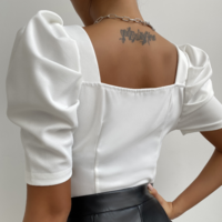 Solid Color Zipper Puff Sleeve Shirt - Thumbnail 3