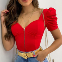 Solid Color Zipper Puff Sleeve Shirt - Thumbnail 4