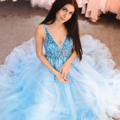 Sexy blue v neck tulle beading long prom dress, evening dress - Thumbnail 5