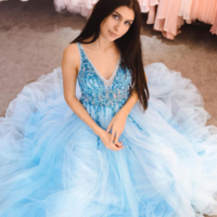 Sexy Blue v neck tulle beading long prom dress, evening dress - Thumbnail 1