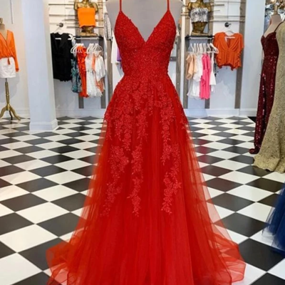 A-line lace applique v neck sleeveless long prom dresses - Thumbnail 3