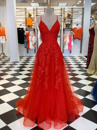 A-line Lace Applique V Neck Sleeveless Long Prom Dresses
