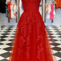 A-line Lace Applique V Neck Sleeveless Long Prom Dresses - Thumbnail 1