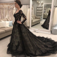 Long Sleeve V Neck Backless Sweep Train Lace Bridal Gowns - Thumbnail 1