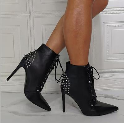 Fashion rivet pointed toe lace-up super high heel women's short boots S-522