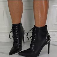 Fashion rivet pointed toe lace-up super high heel women's short boots S-522 - Thumbnail 2