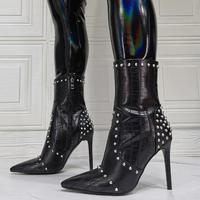 Black rivet super high heel women's short boots S-523 - Thumbnail 1