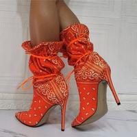 Printed sleeve elastic super high heel women's ankle boots S-526 - Thumbnail 3