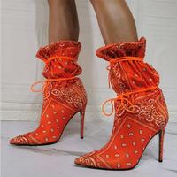Printed sleeve elastic super high heel women's ankle boots S-526 - Thumbnail 4