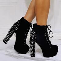 Studded thick heel fashion super high heel women's short boots S-539 - Thumbnail 1