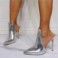 Silver ultra-fine high-heeled sexy high-heeled slippers S-543 - Thumbnail 5
